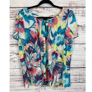 Womens Worthington Blue Bright Floral Short Sleeve Blouse Career Vacation Sz XL